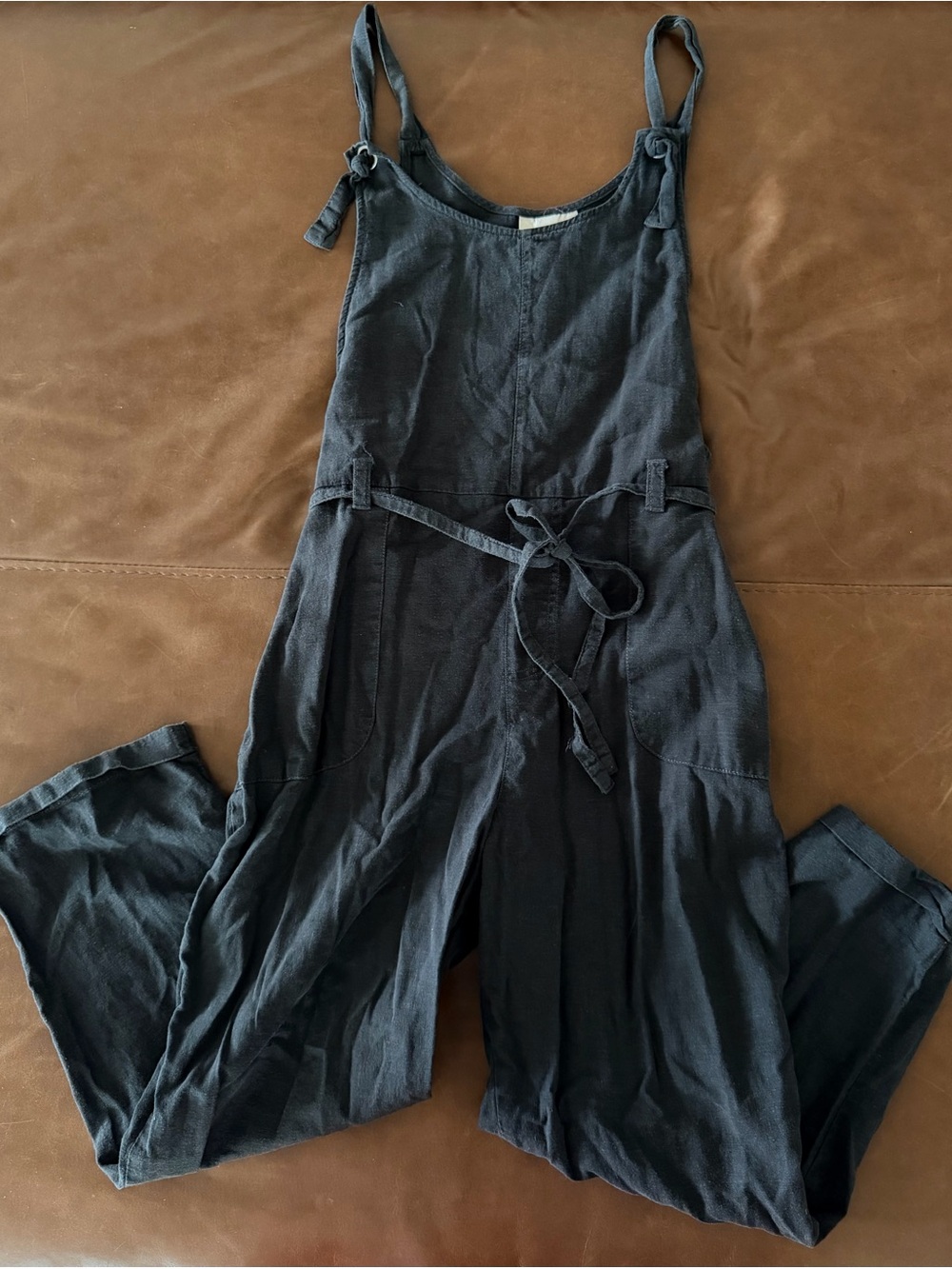 Women's charcoal Linen Blend Tie Jumpsuit